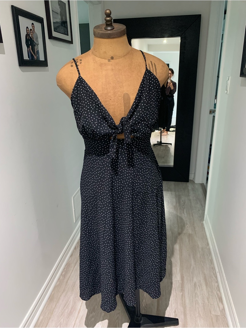Charlie Paige Black and White Polka Dot Tie-Front Midi Dress